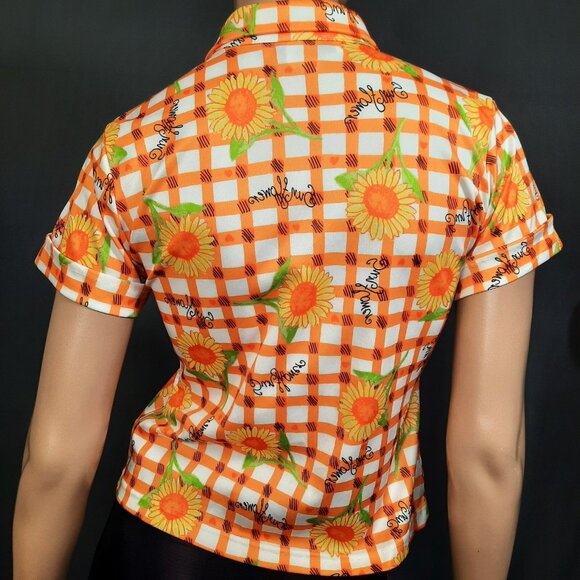 Vintage 90s Sunflower Print Button Up Blouse Orange White Check S short sleeve - Picture 7 of 9